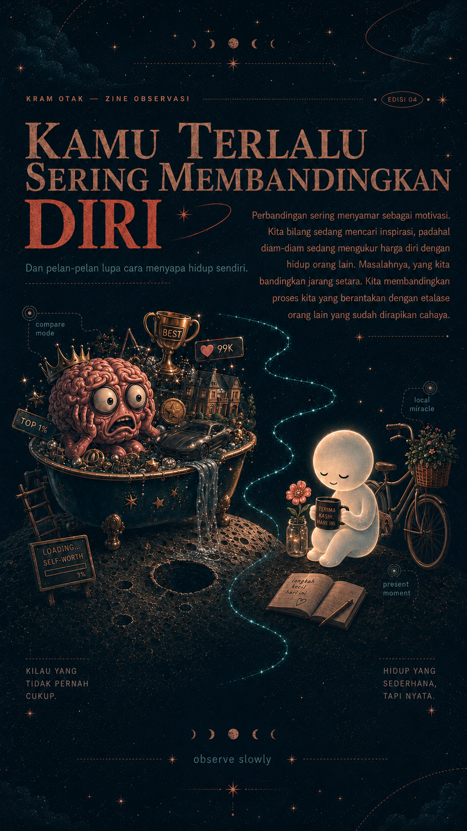Sebuah zine observasi tentang overthinking, perbandingan diri, dan cara pulang pelan-pelan ke momen yang sedang hidup.