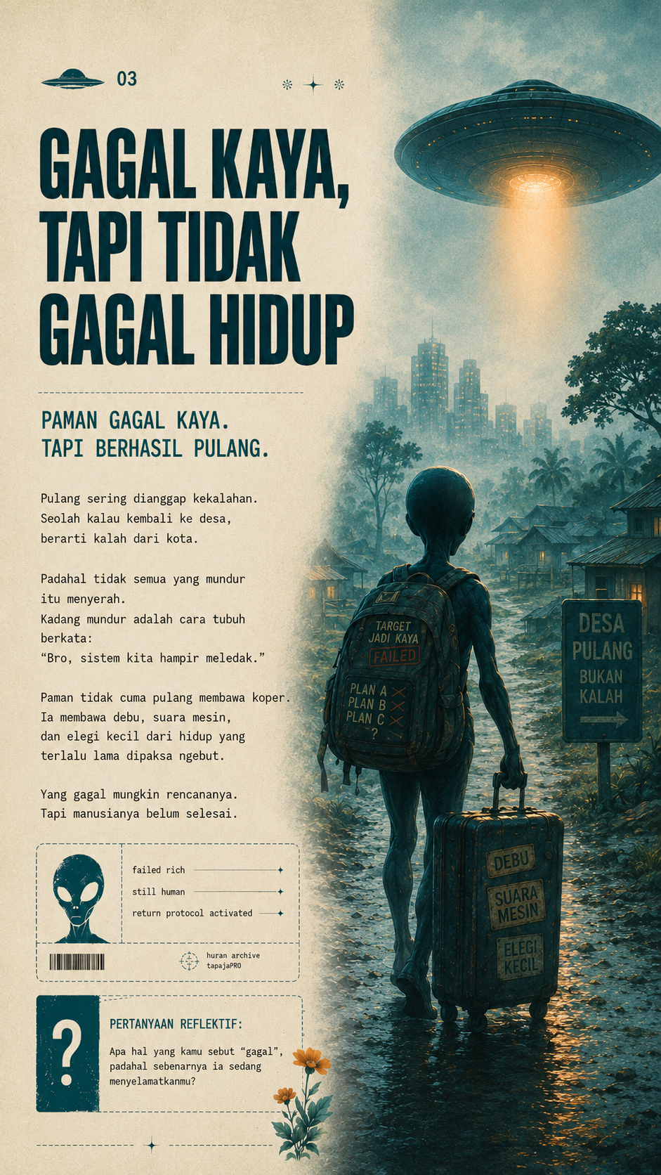 Di jalan desa sore itu, masa depan datang bukan sebagai cahaya kota. Ia datang sebagai alien lelah, membawa koper tua dan kabar kecil: tidak semua yang jauh membuatmu sampai.
