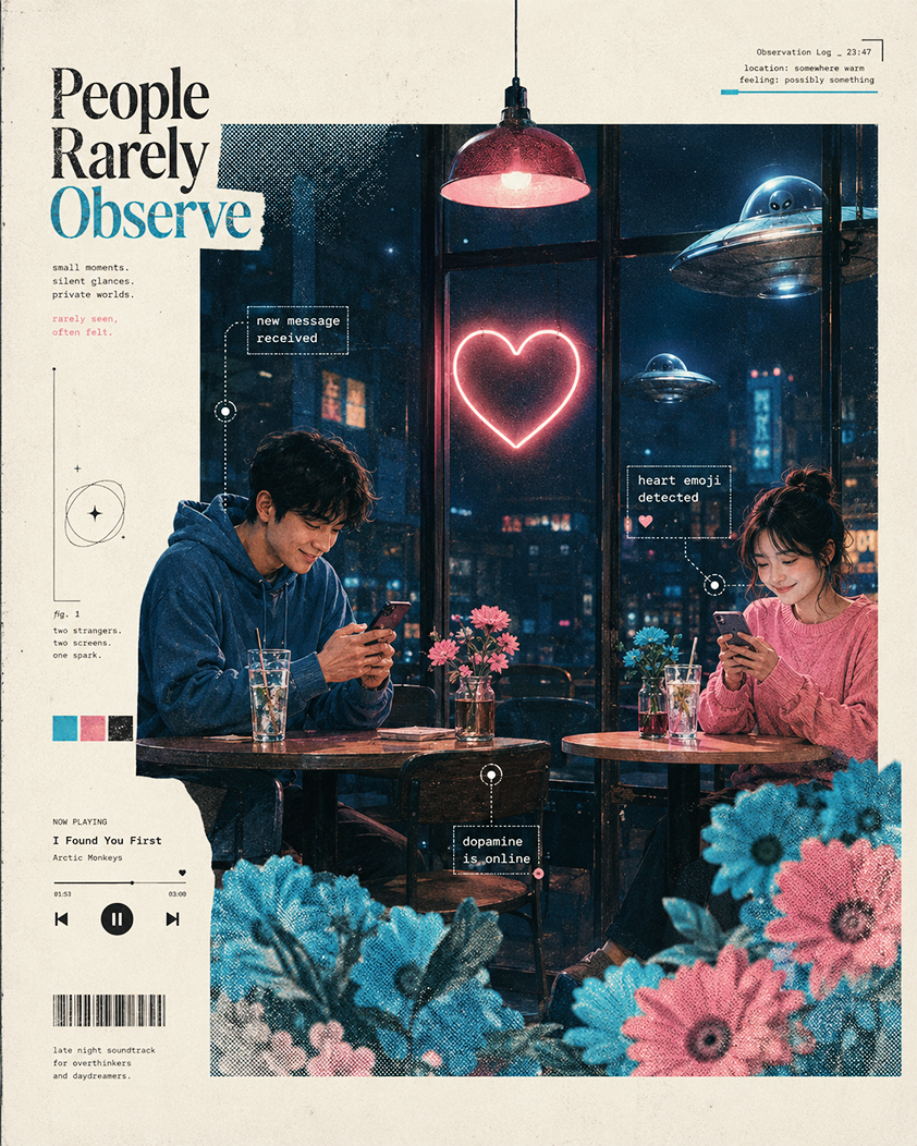 Sebuah café warna-warni pada malam hari. Dua orang duduk berjauhan di meja berbeda, tetapi saling tersenyum melihat ponsel. Gelas minuman transparan, lampu neon berbentuk hati, bunga pop berwarna cyan dan pink, serta UFO kecil mengamati dari balik jendela.